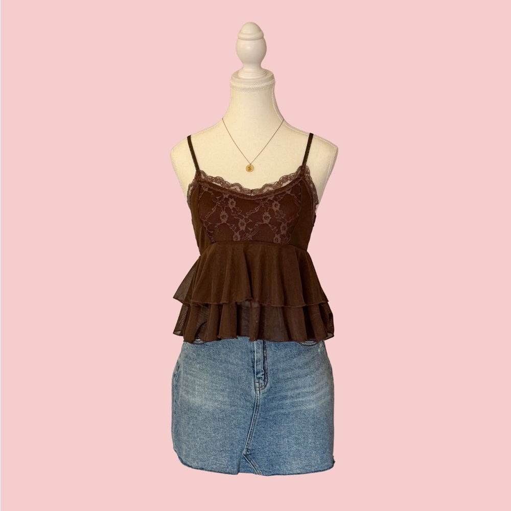 Brown Ruffled Lace Trim Tank Top